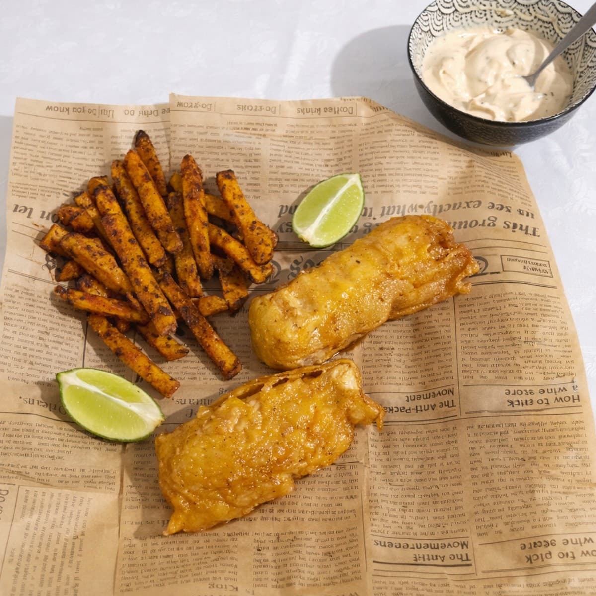 Fish’n chips avec du dos de cabillaud et frite de patates douces