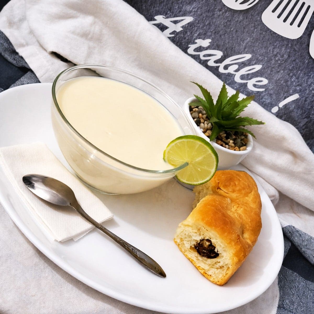 Lait caillé ou yaourt fait maison accompagné de pain fourré aux boulettes de viande hachée