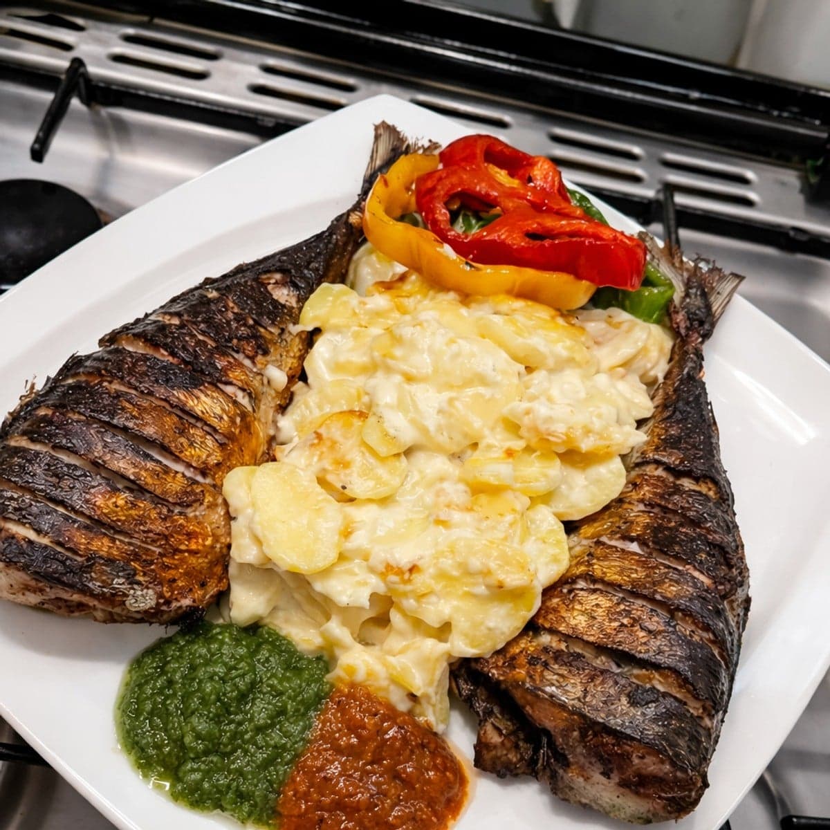 Poisson frit et ses pommes de terre à la crème