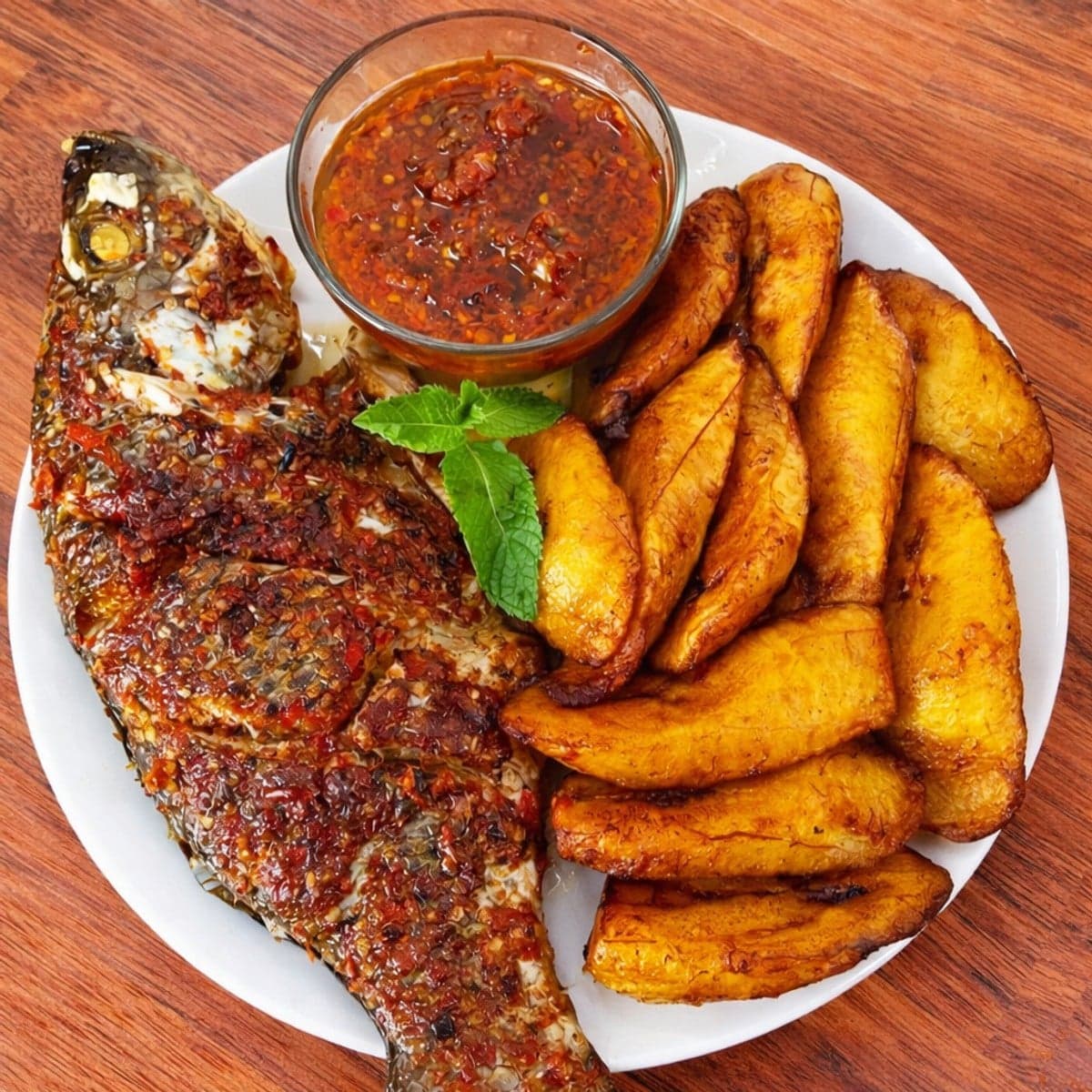 Poisson grillé avec des plantains frits.