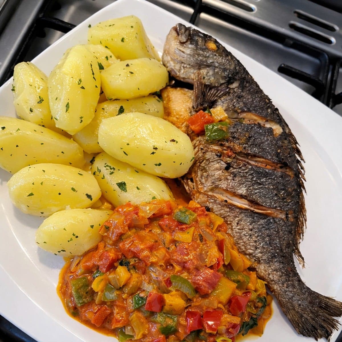 Pommes vapeur au persil accompagné d’une belle dorade poêlée et ses légumes à la moutarde