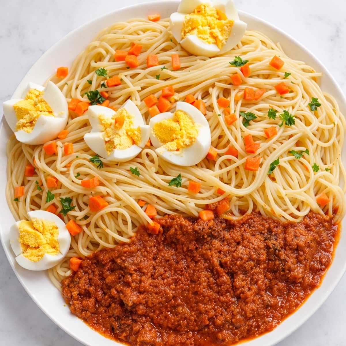 Spaghetti rognons de boeuf aux oeufs durs