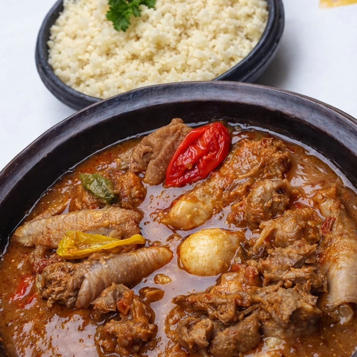 Un délicieux kedjenou de pondeuse cuisiné avec la pâte d’ail de chez Les marinades de ninie