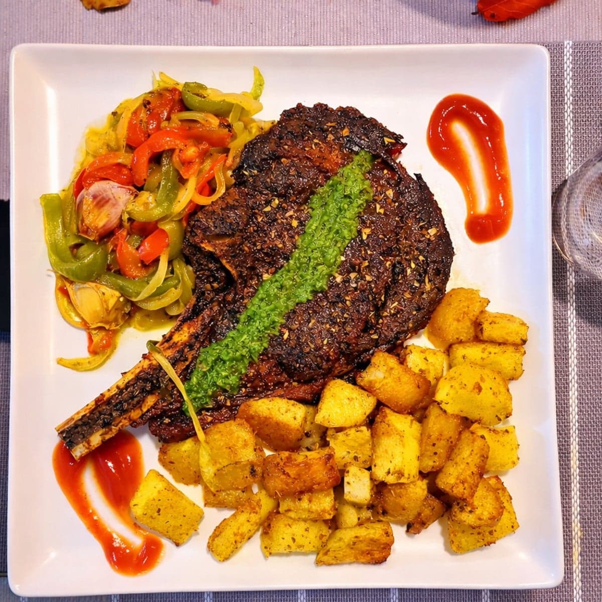 Côte de bœuf au four accompagnée de pommes de terres et poivrons