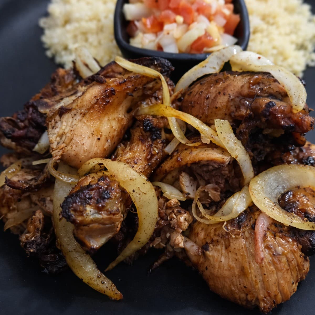 Poulet braisé accompagné d’attiéké