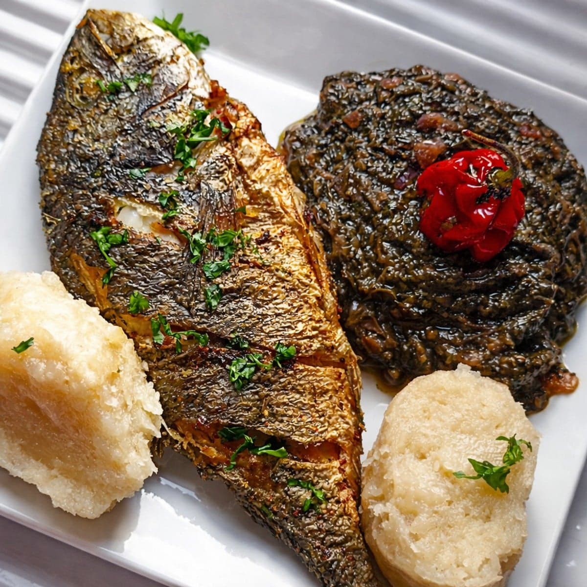 Daurade frit avec oseille accompagnés avec du manioc