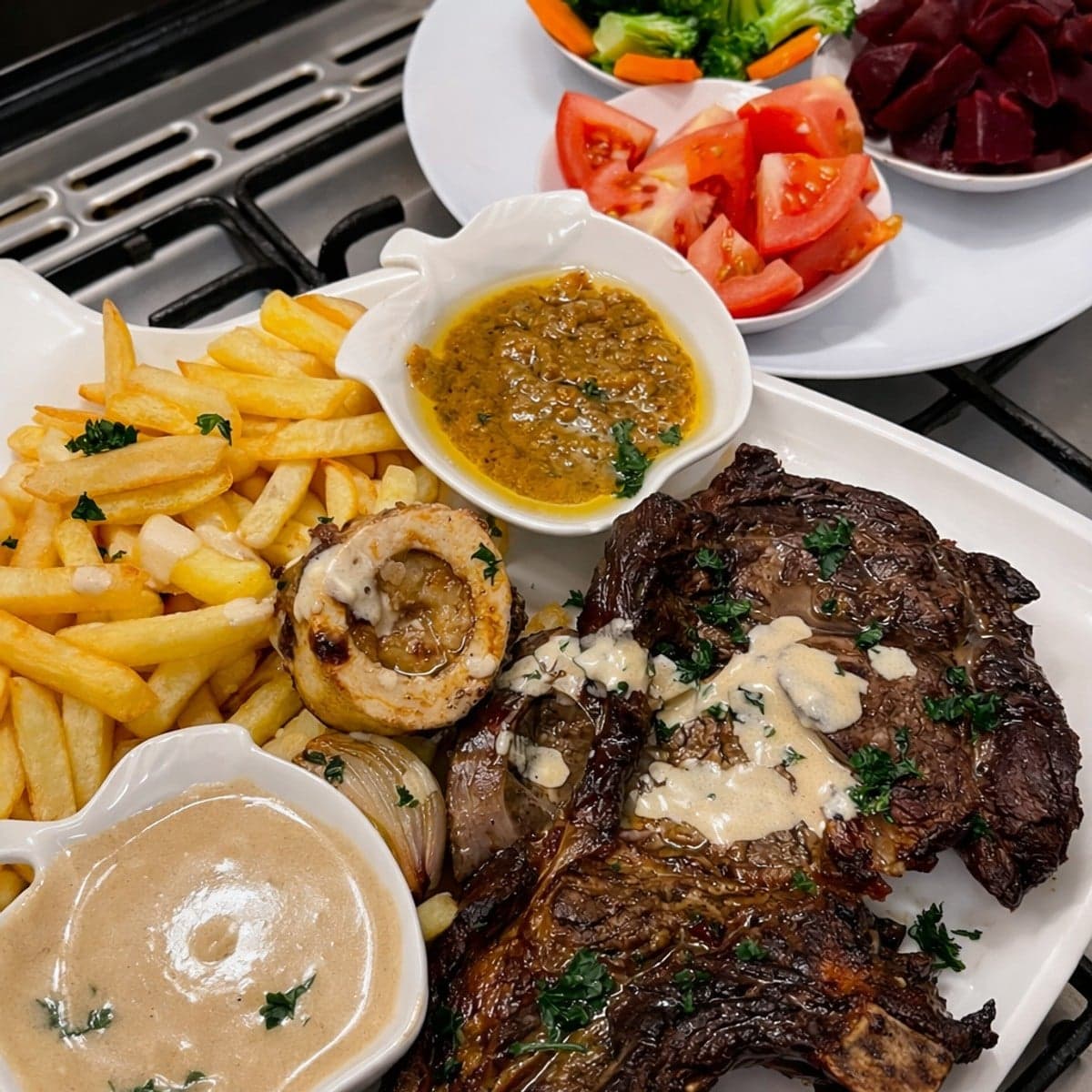 Entrecôte de bœuf accompagnée d’une petite sauce poivre