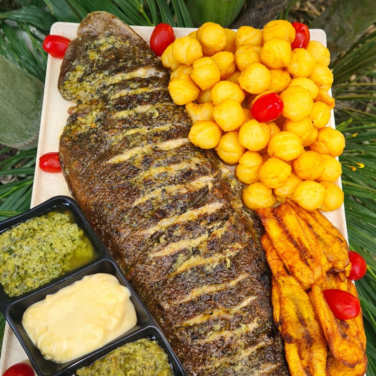 Sole grillée accompagnée de boulettes de pommes de terre et frites de plantain