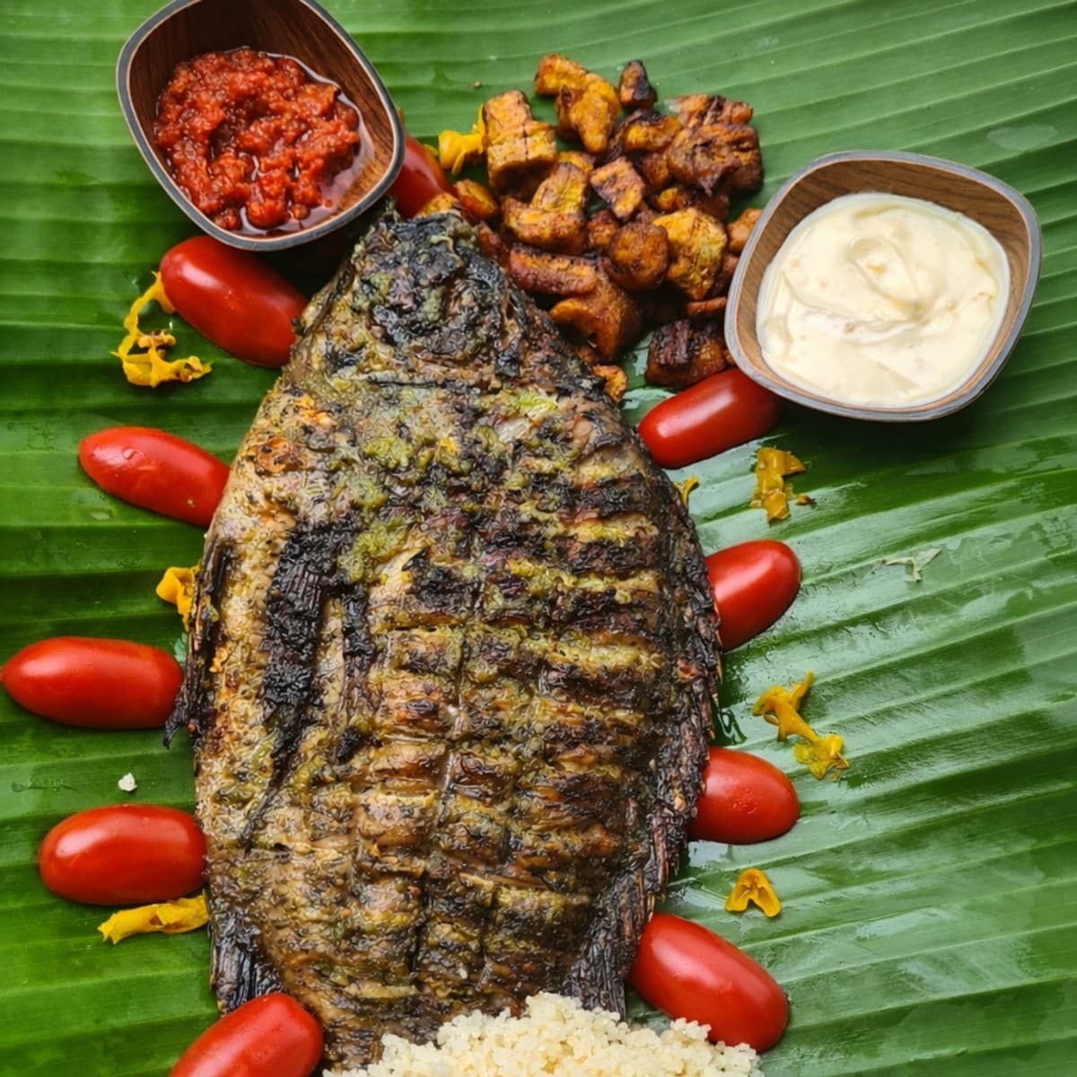 Carpe grillée et ses invités