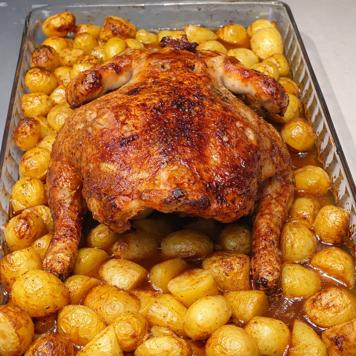 Poule fermière avec pommes de terre au four