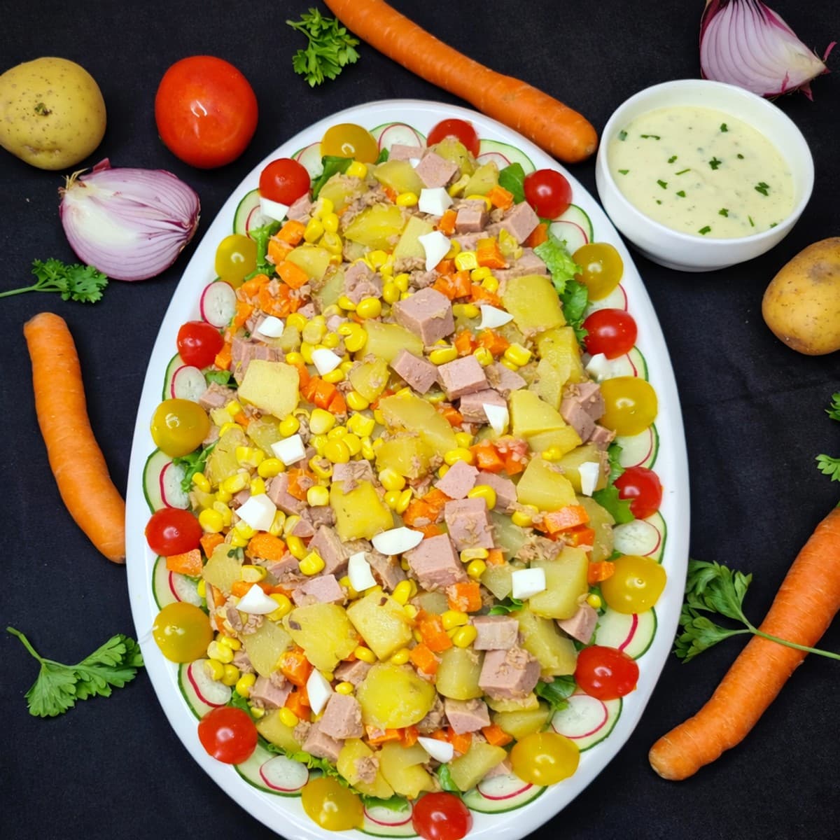 Salade pommes de terre saucisse et thon : recette