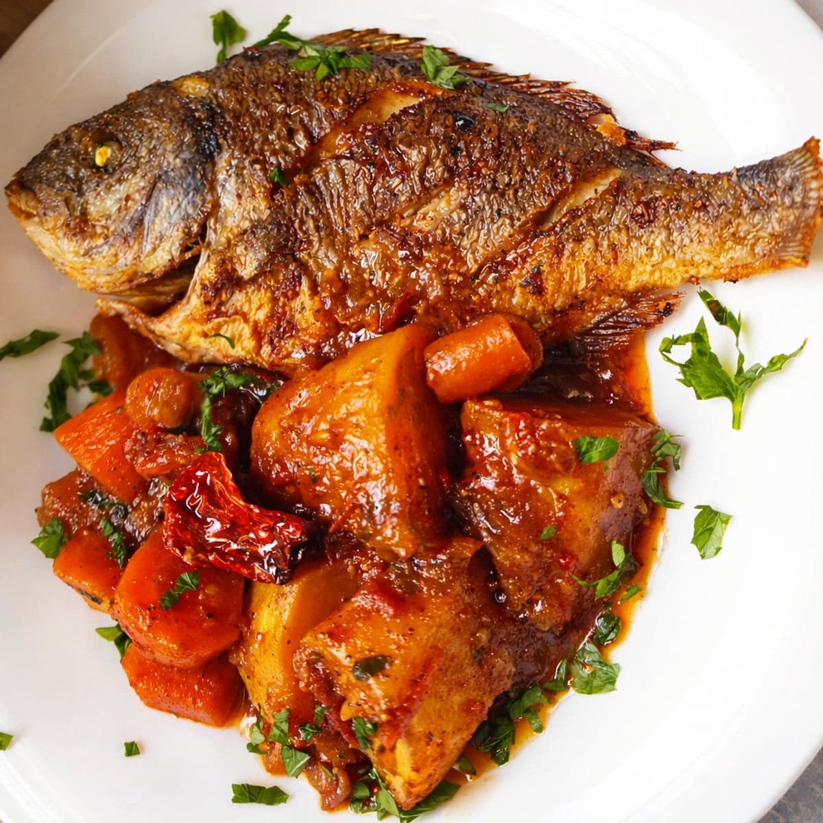 Daurade frit/ sauce tomate bien pimentée pommes de terre et carottes