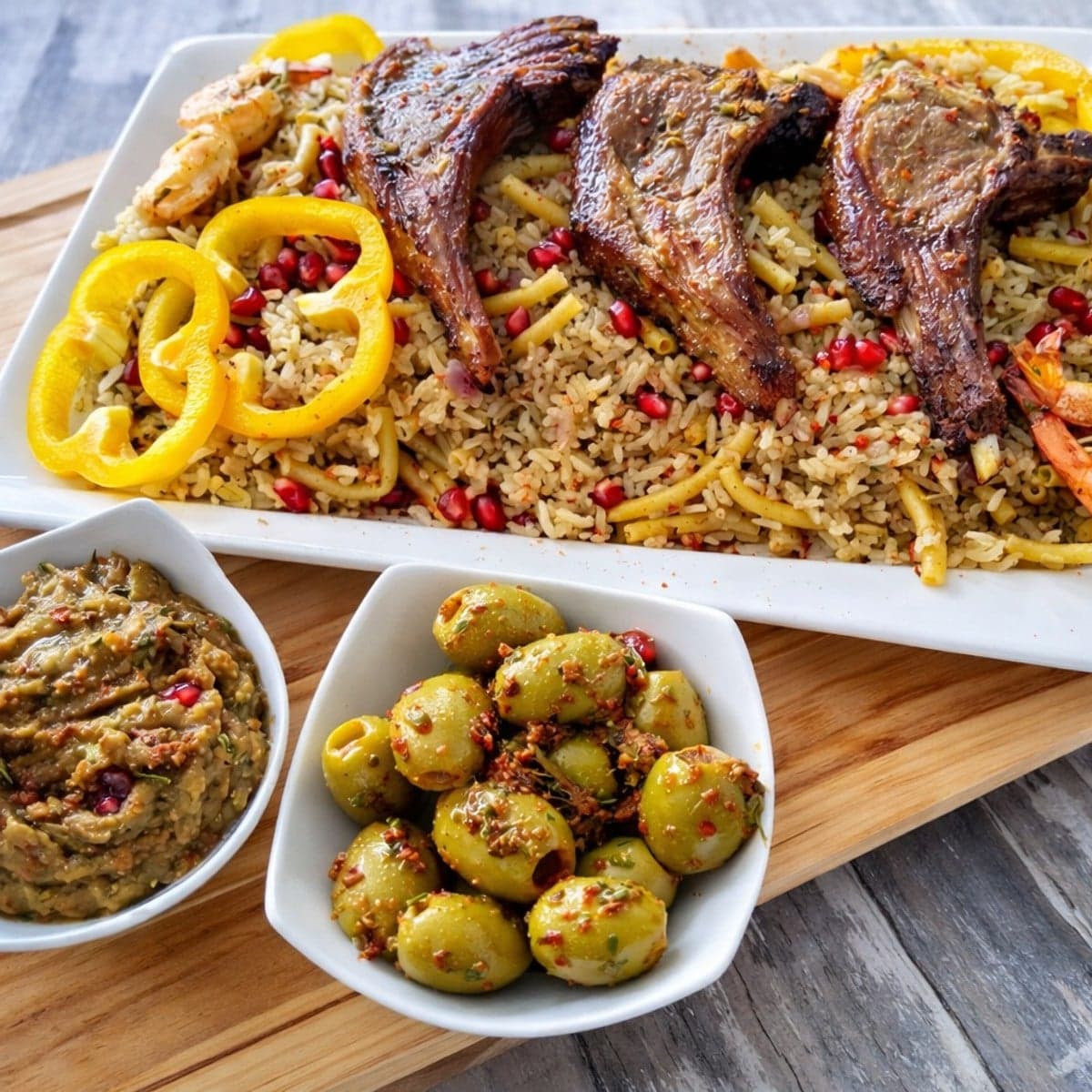 Festin de Riz au Mouton Mariné et Crevettes