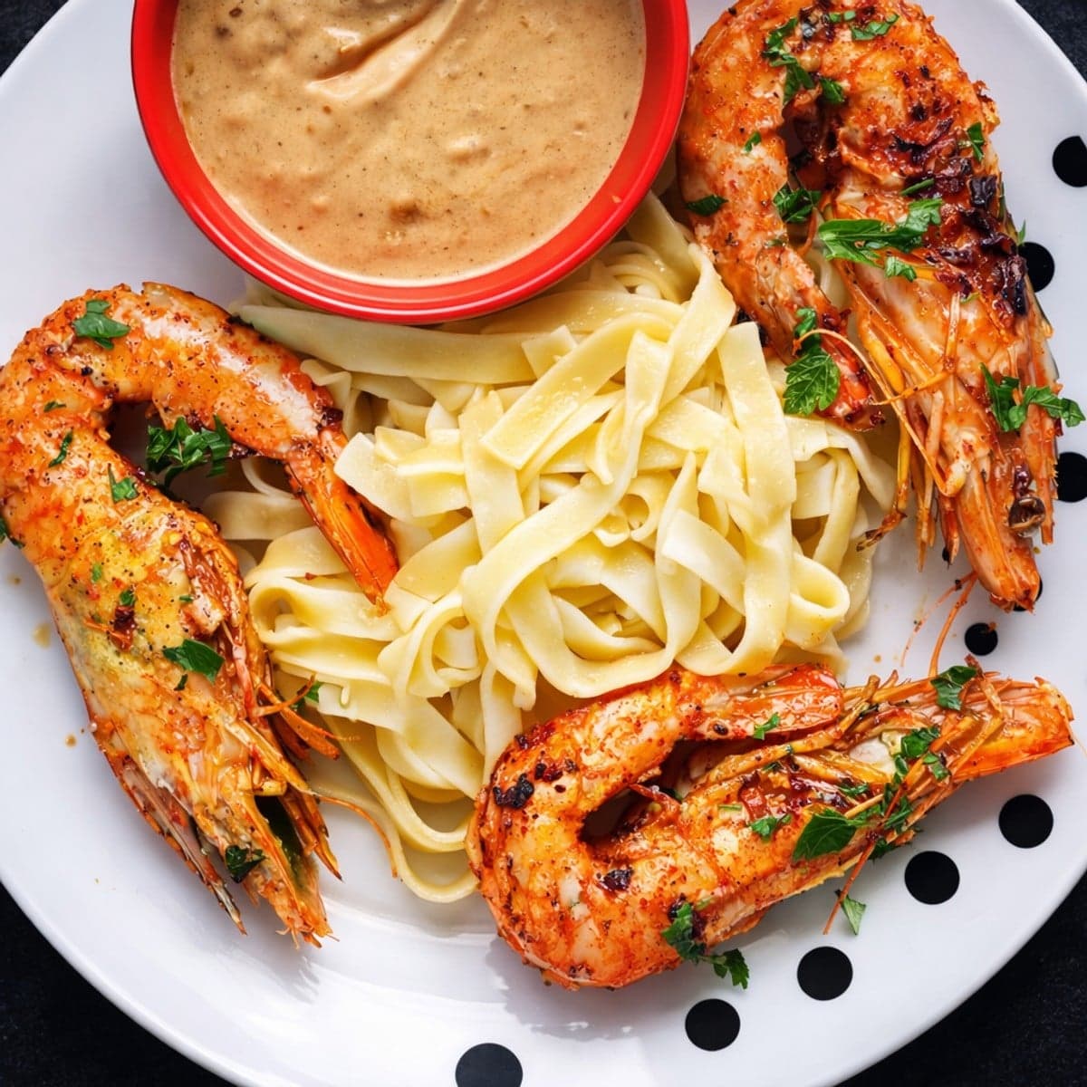 Gambas sauté a l’ail beurre et échalote, sel poivre persil pour la décoration et piment doux,