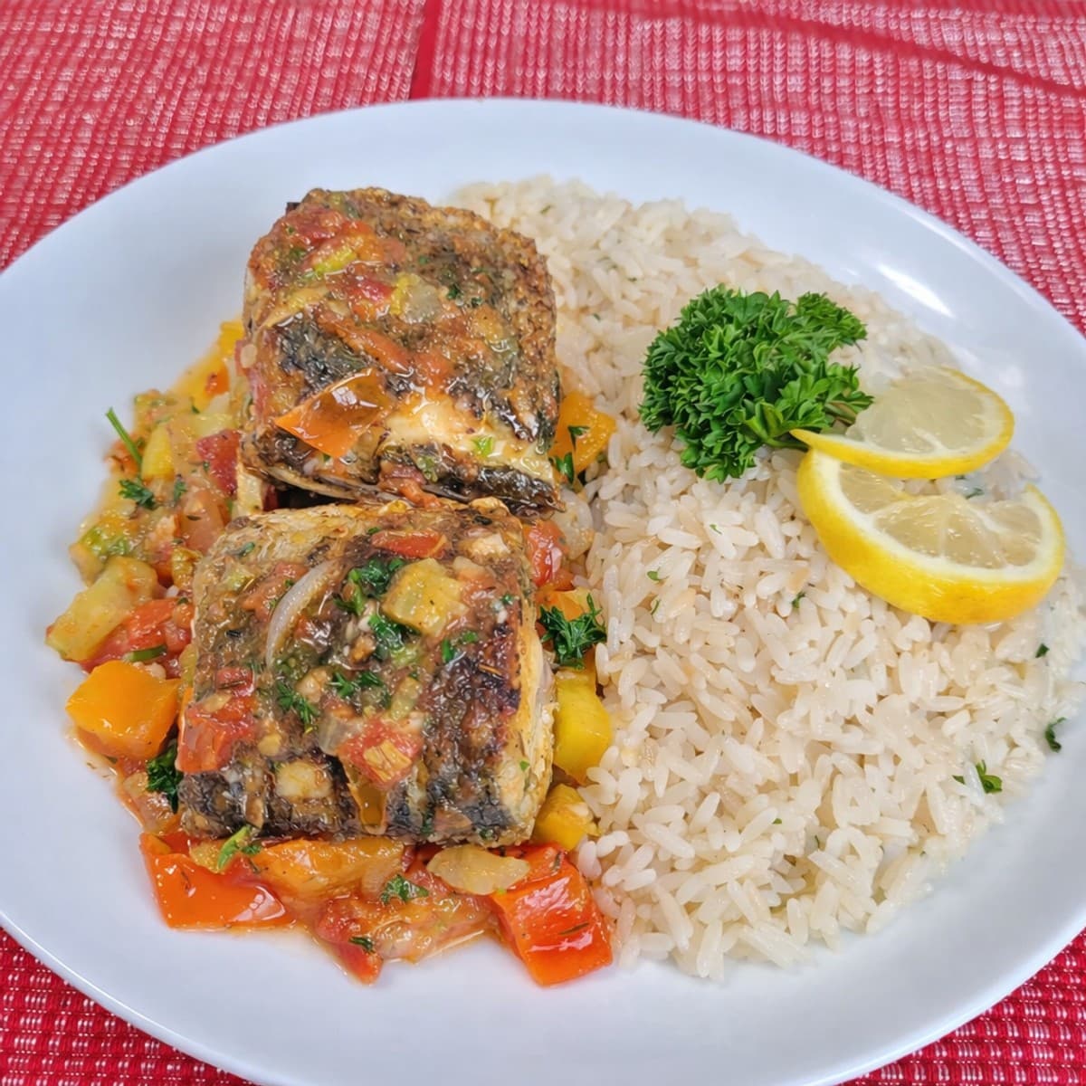 Riz persillé au citron et bar sauté aux petits légumes